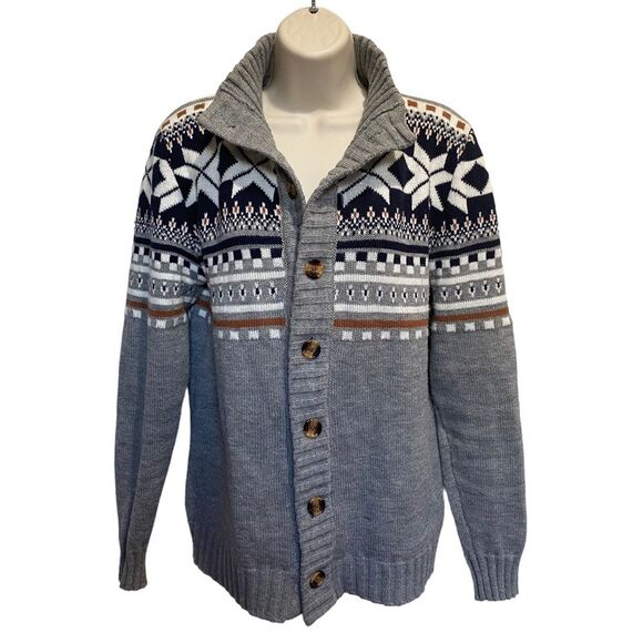 Nordic Snowflake Button Up Grandad Cardigan Sweater Gray Sz L - Picture 3 of 14
